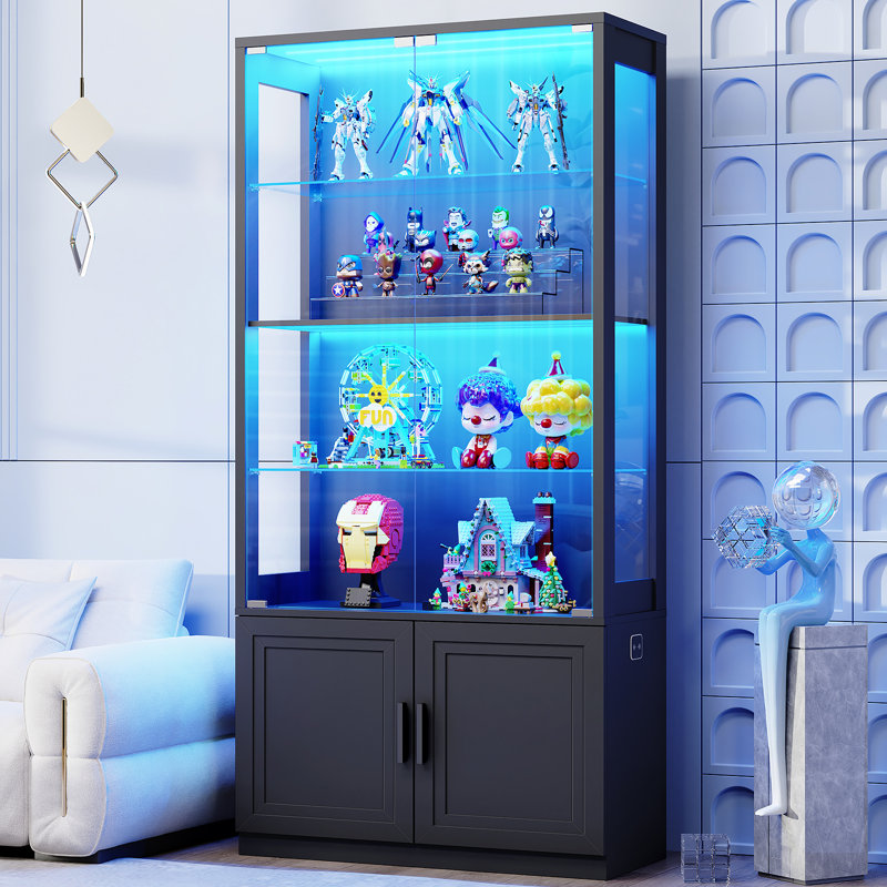 Vitrine 67 po avec portes en verre, vitrine à 4 niveaux avec 2 tablettes en verre amovibles, vitrine pour objets de collection, noir