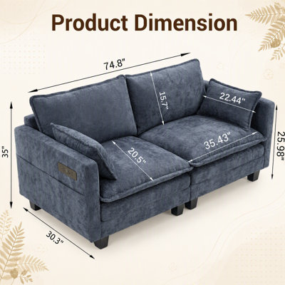 Canapé-lit moderne en chenille bleu-gris, canapé compact à 2 places avec deux ports de chargement USB et poches latérales, petit canapé pour chambre, bureau et appartement.