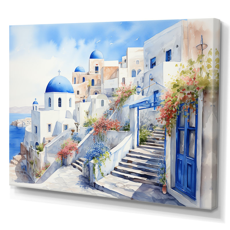 «Blue and White Santorini Village I», art mural Grèce, Toile tendue, H 12 po x l 20 po x P 1 po