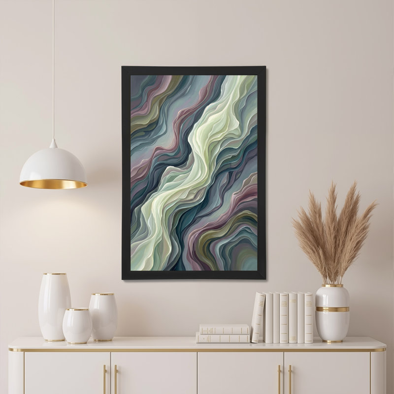 Toile abstraite, lignes ondulées vert sauge et rose cendré, 18"H x 12"W