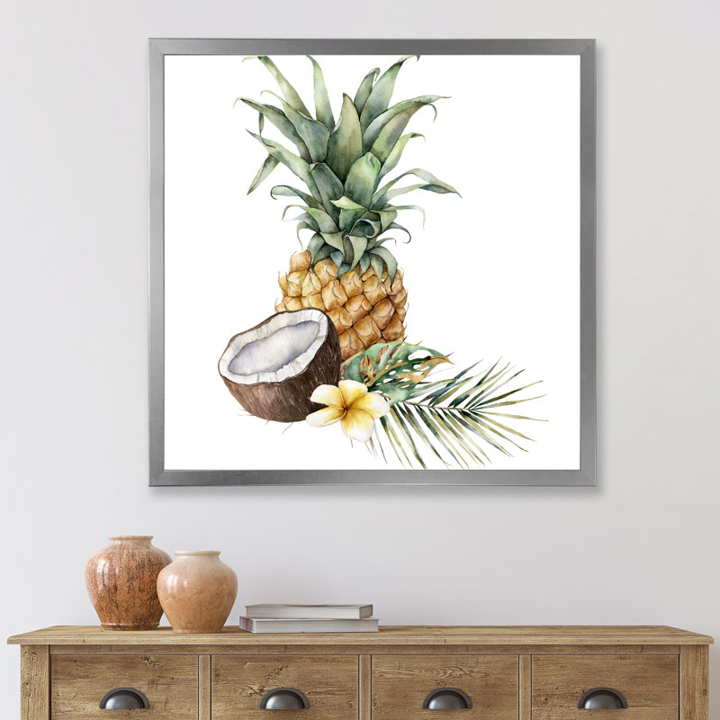 Ananas avec noix de coco, plumeria et feuilles de palmier - peinture sur toile à cadre flottant, H 16 po x l 16 po x P 1 po