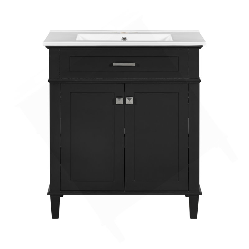 Meuble-lavabo de 30 pouces avec lavabo en céramique, porte à fermeture en douceur et tablettes réglables, Noir