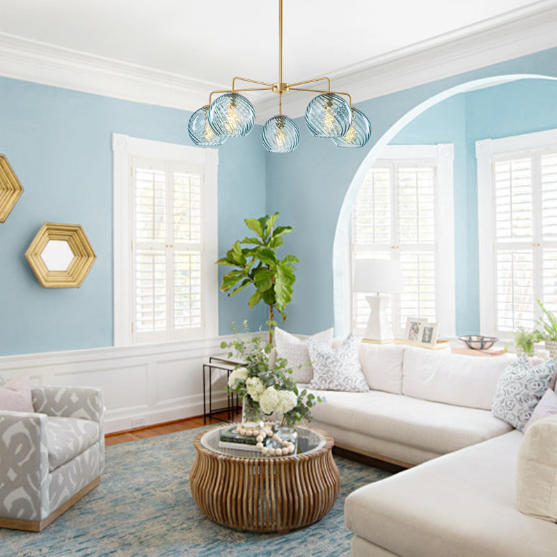 5 - Light Ribbed Sputnik Sphere Modern Glass Bubble Chandelier, Blue