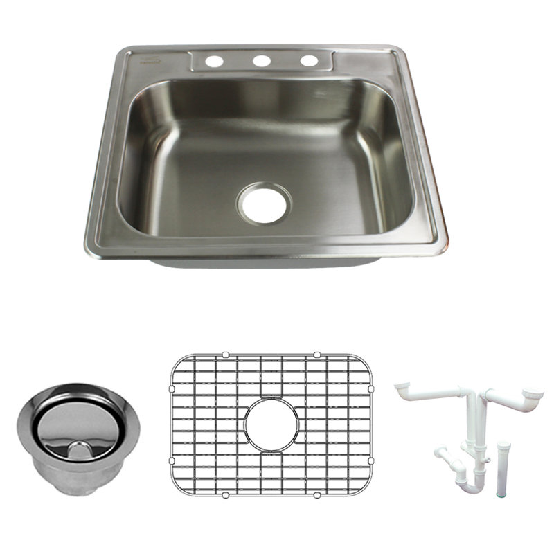 Évier de cuisine encastré avec grille d'évier et ensemble de drain L 25 po x l 22 po Select, 3 trous