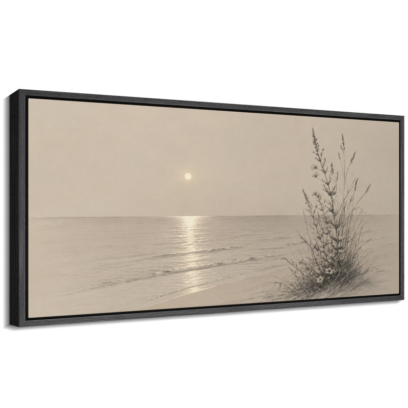 «Neutral Coastal Seascape Sun Reflection Minimalist Wall Decor», reproduction d'art sur toile encadrée, Noir