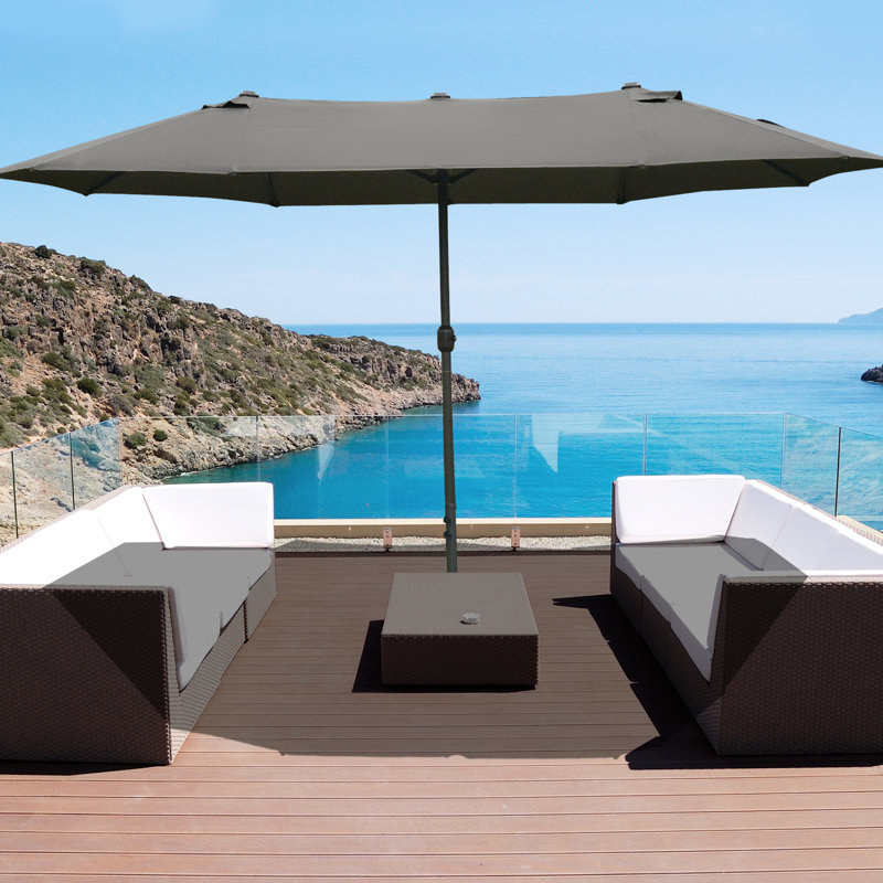 Parasol de patio de 15 pieds - Parasol extérieur rectangulaire en acier double face, gris foncé, protection contre le soleil, manivelle facile, matériau durable gris 15 pi avec base. Parasol de parasol. Acier, intempéries