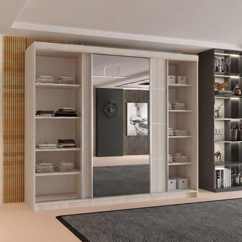 Modern 3 Door Sliding Wardrobe with Mirror, 250cm Large Bedroom Storage with 9 Shelves & Hanging Rail - White, Oak Sonoma, Cashmere, Artisan