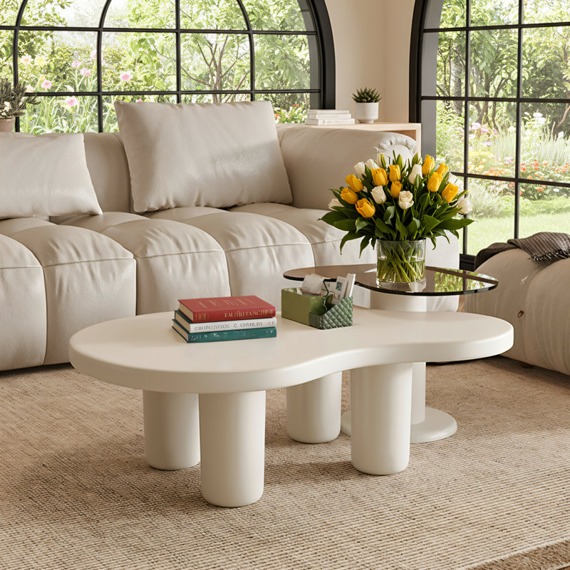 Ensemble de tables basses imbriquées de style moderne blanc crème (2 pièces) Table d'appoint de table irrégulière en verre deux-en-un avec rangement ouvert. Convient aux salons. Facile à assembler.