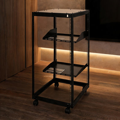 20U Adjustable Depth Four Post Open Frame Server Rack Deep Black Sheet Metal, Free Standing or Wall Mount for Networking IT and AV Equipment