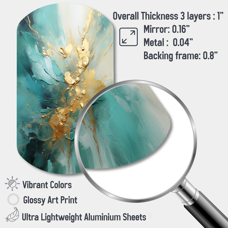 Gold And Teal Aurora Harmony II - Abstract Spirals Asymmetrical Metal Art, Modern Cylinder Metal Print, 31" H x 19" W x 1" D