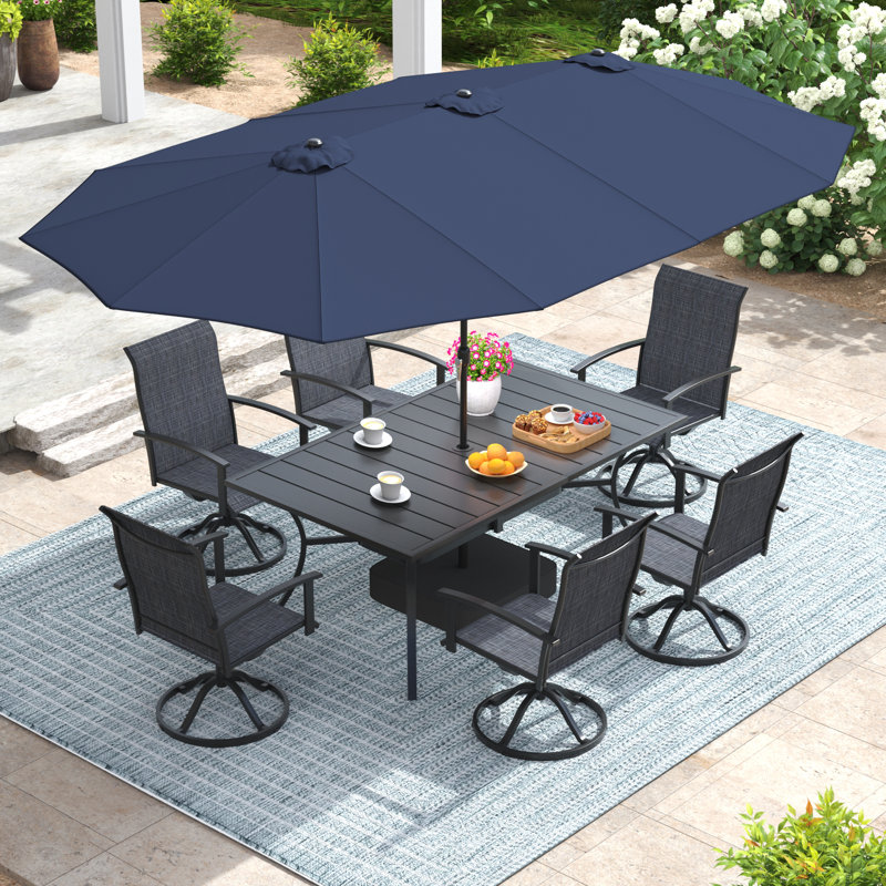 6-Person Rectangular Patio Dining Set With Umbrella & Textilene Swivel Chairs, Black/Blue