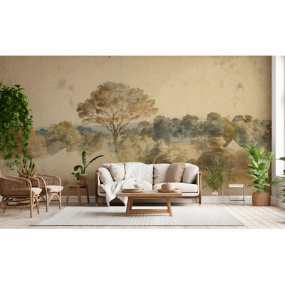 Papier peint aquarelle, paysage, pastel doux, campagne, art mural