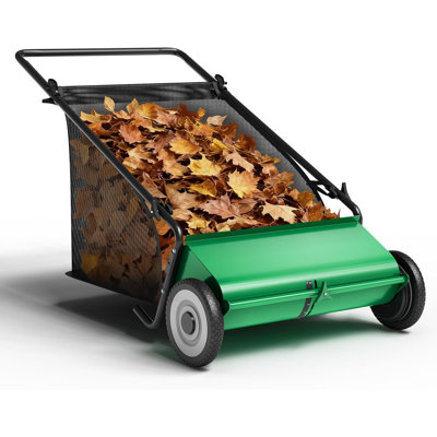 Efficient Yard Cleanup Push Lawn Sweeper – 26-Inch, 7 Cu. Ft. Capacity, Enhanced 4-Brush System, Adjustable Height, Steel Frame, Manual Leaf & Debris Collector, Green+Black