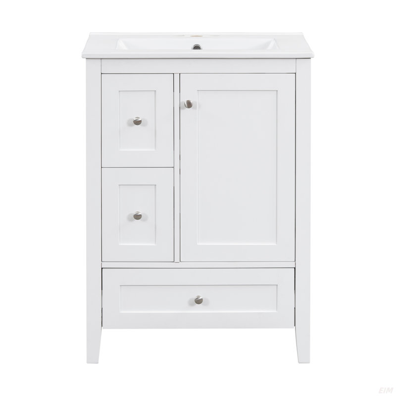 24-Inch Bathroom Vanity With Storage, Adjustable Shelf, MDF & Rubberwood, Removable Dividers, White