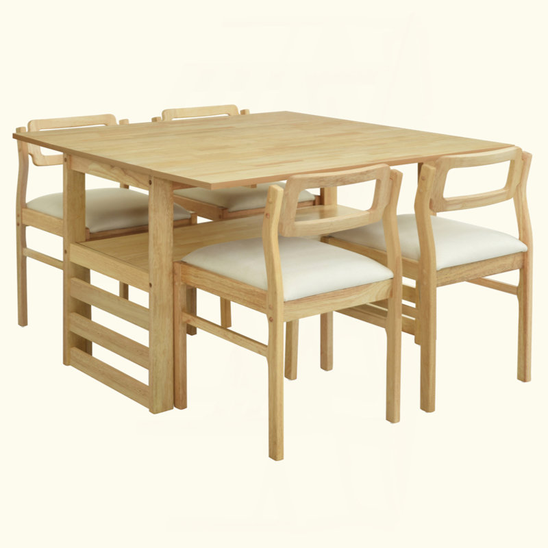 Ensemble de table de salle à manger 5 pièces à abattants avec tablette de rangement, Naturel / Blanc
