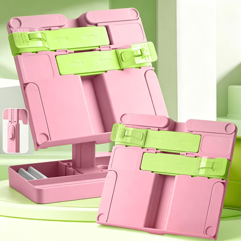 Support de livre réglable en hauteur avec corde de rangement en coton, support de bureau à angles multiples, support de lecture portable avec base de rangement pour enfants et étudiants.