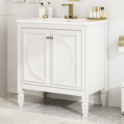 Meuble-lavabo de 30 po avec lavabo en céramique, Grace Vintage, tablette blanche, lavabo ajustable en bois véritable et armoire, look, portes à fermeture douce, rangement spacieux, lavabo,