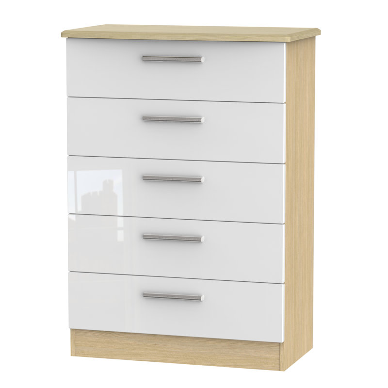 Fully Assembled Yvette 5 Drawer Chest, Oak/White