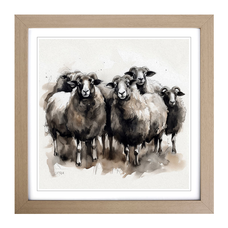 Sheep Ink Wash No.2 - Single Picture Frame Print on Wood, Oak