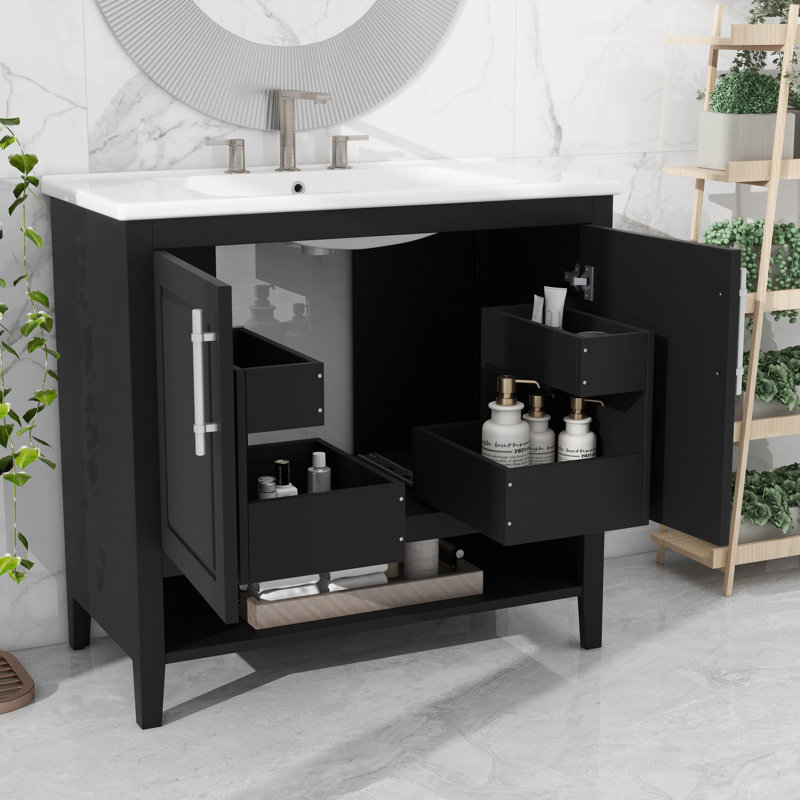 Meuble-lavabo de salle de bain avec lavabo intégré polyvalent, Noir, 36"