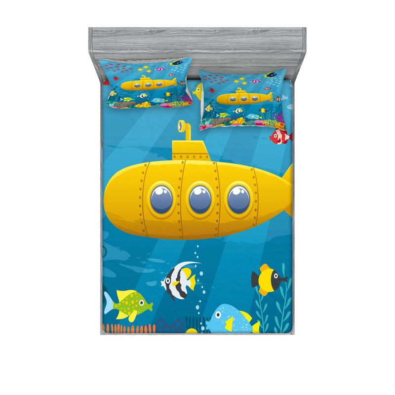 Drap-housse et coussin décoratif Ambesonne Yellow Submarine, bleu jaune rose