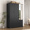 Armoire 4 portes avec miroir, armoire à DEL avec portes et 2 tiroirs, armoire de rangement en bois avec tringle, tablettes réglables, noir