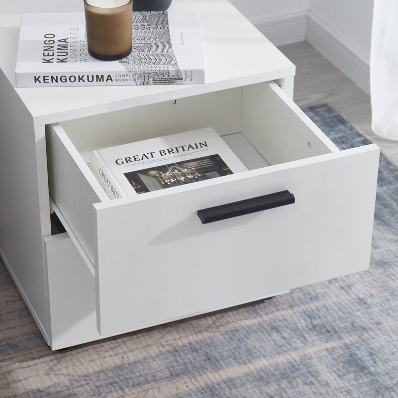 White Chipboard 2-Drawer Nightstand with Black Handles