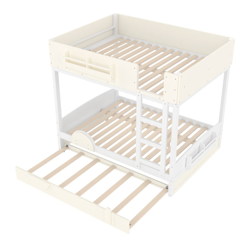Full Bunk Bed With Trundle , Wood Bunk Bed Frame With Built-In Bookshelf And High-Quality Safety Guardrail,Automobile Form Design For Kids ,White＆ Beige.