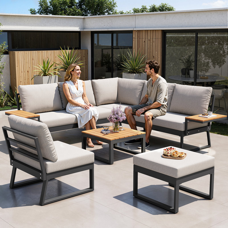 7-Person L-Shaped Outdoor Sofa Set with Wood Table, Beige
