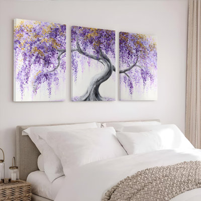Wisteria Tree with Gold Accents Canvas Wrapped Wall Art, Abstract Floral Oil Painting Print (Set of 3)