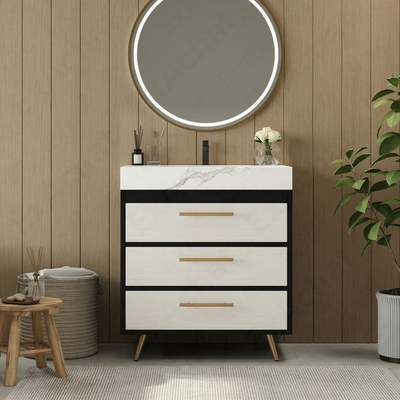 Meuble-lavabo autoportant moderne avec lavabo vasque en céramique et plateau en pierre frittée durable, Noir / blanc, Blanc