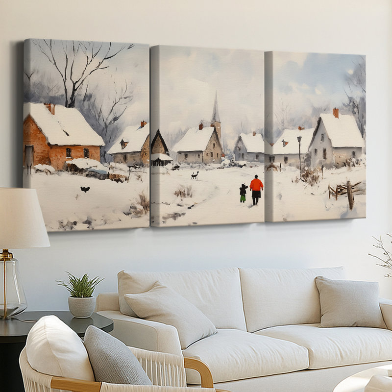 Village de Noël enneigé avec sapin décoré - Triptyque en trois parties, aquarelle - 40 x 60 cm par panneau, prêt à accrocher - Série Noël XV