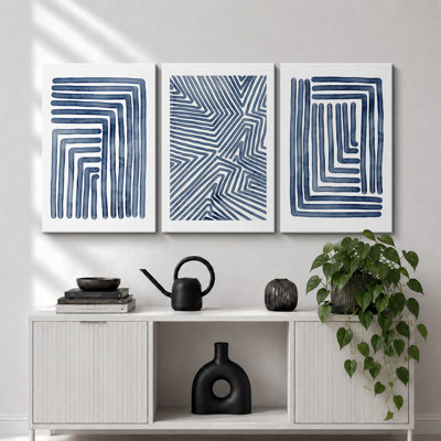 Geometric Line "Navy Blue Stripe Abstract Artwork, Simple Modern Contemporary Bedroom Wall Pictures, Large Framed Canvas Giclee Print 3 Pieces Wall Art Set"