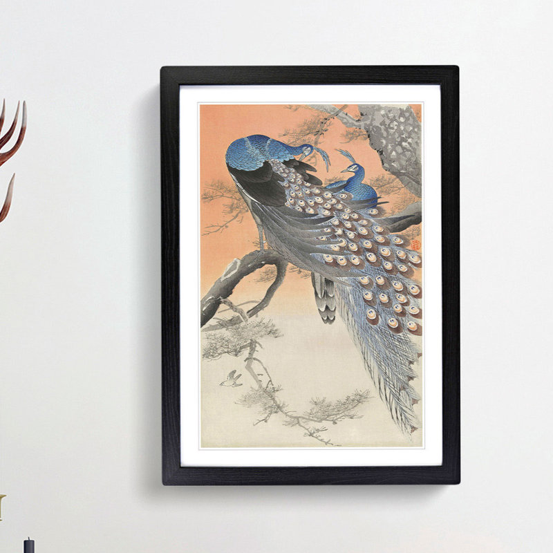 Two Peacocks by Ohara Koson - Picture Frame Painting Print, 65cm H x 48cm W x 2cm D, Black Framed