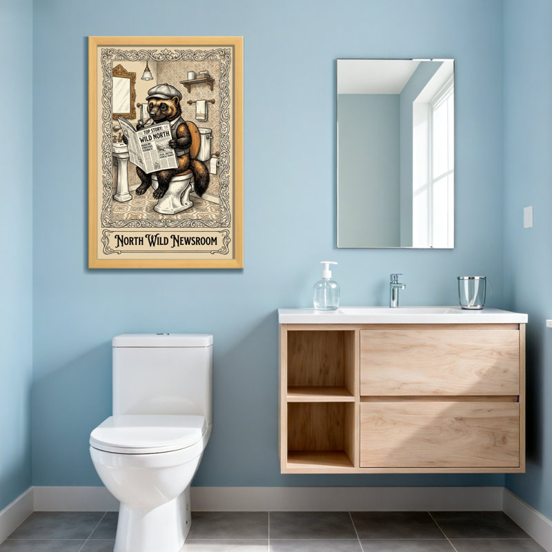 Bath & Laundry Bear lisant un journal dans une scène de salle de bain, H 36 po x l 24 po, Toile tendue, Ne s’applique pas