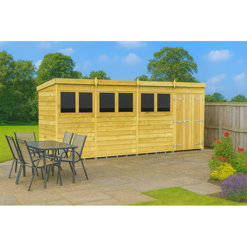 16ft x 4ft Pent Shed - Double Door with Windows