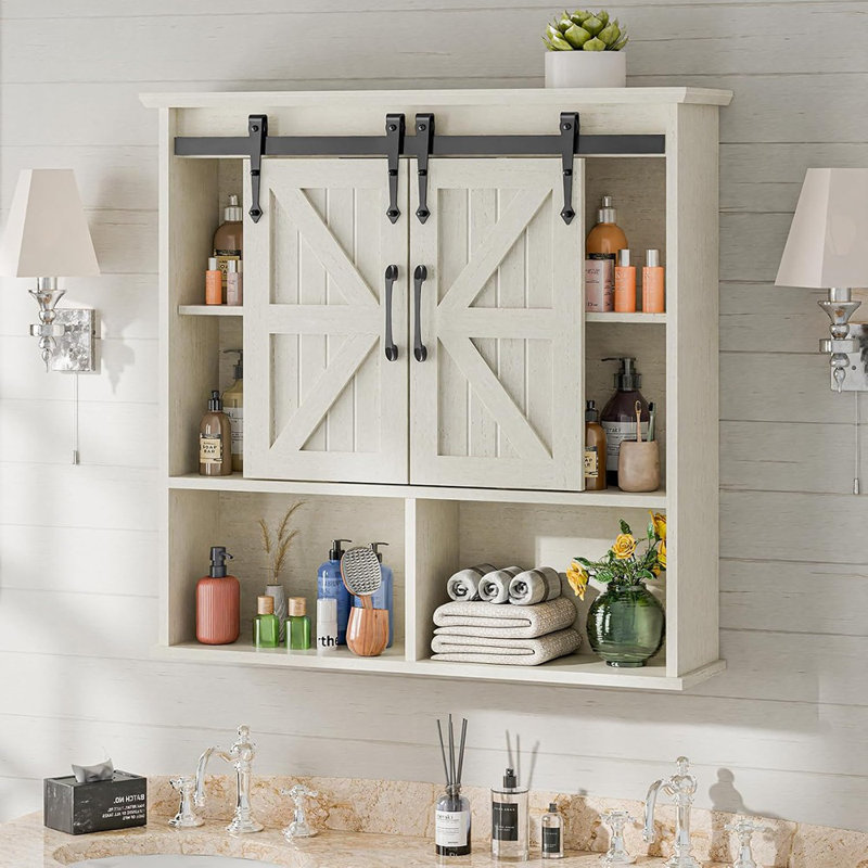 Armoire murale blanche pour salle de bain Farmhouse - Portes de grange coulissantes doubles avec tablettes réglables