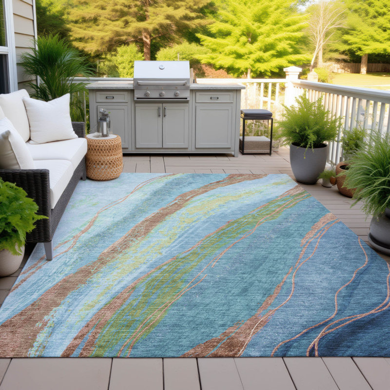 Machine Washable Indoor/Outdoor Xhevrie Blue Rug, Rectangle 3' x 5'