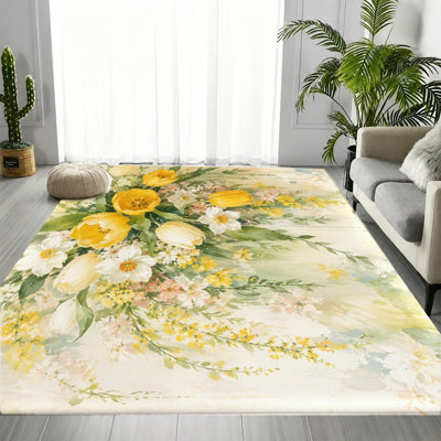 Tapis d'intérieur à motif floral de tulipes jaune vif, style aquarelle artistique, antidérapant, doux et lavable, idéal pour le salon, la chambre, la cuisine, l'entrée ou un appartement.