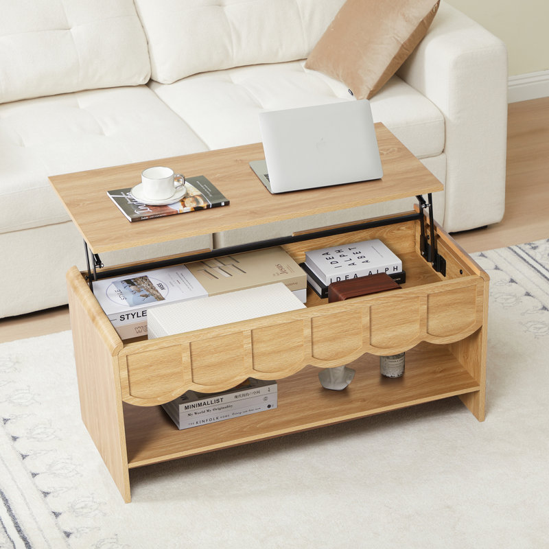 Table basse à plateau relevable avec rangement, Naturel