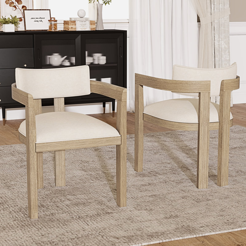52cm H Linen Upholstered Wing Back Armchair in Beige, Natural Wood