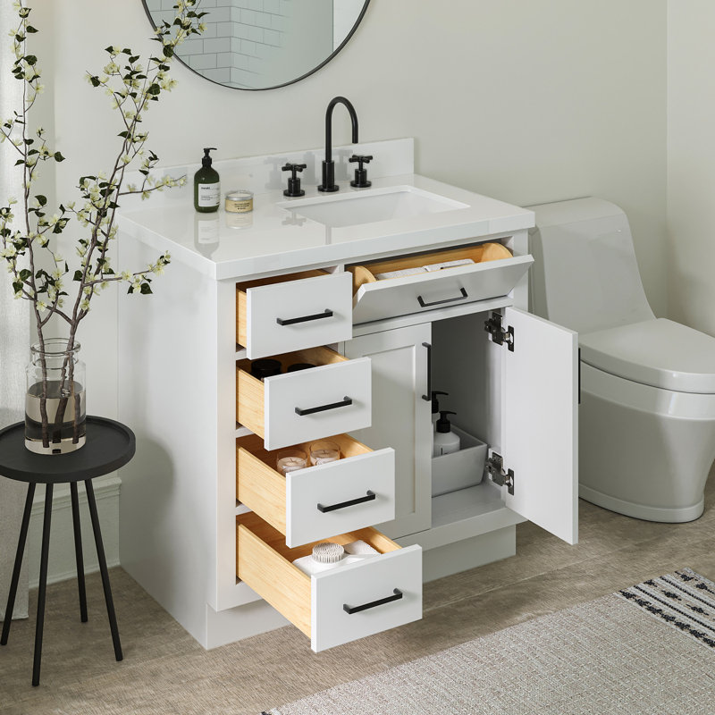 Meuble-lavabo simple en bois massif 36 po Tidworth avec plateau en quartz 1,5 po, Oui, Forme rectangulaire, Blanc
