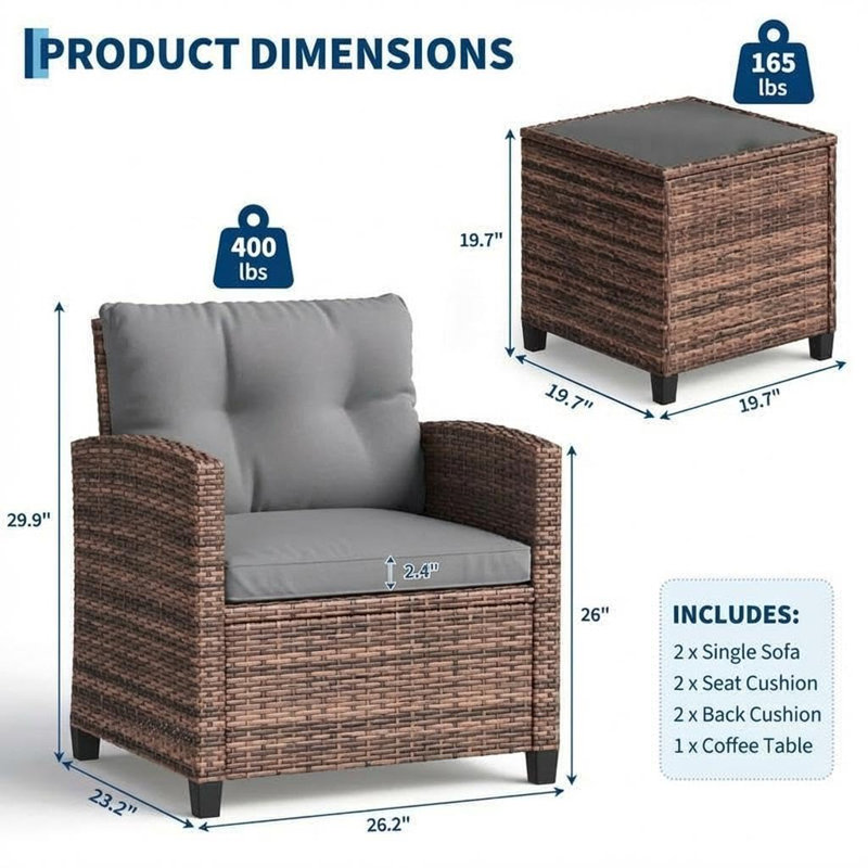 3-Piece PE Rattan Patio Furniture Set, Outdoor Wicker Chairs and Table with Tempered Glass Top and Cushions, Conversation Set for Patio, Balcony, or Poolside