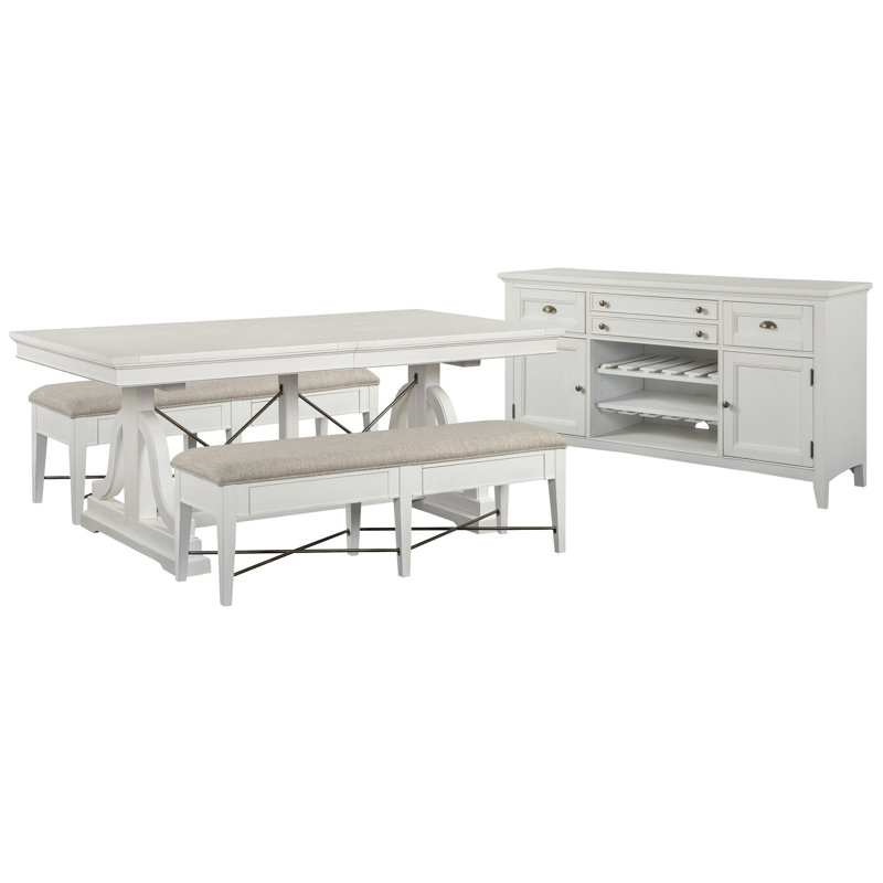 Extendable Trestle Dining Table With 2 Upholstered Benches And Buffet, 4 Pieces: Table, Buffet, 2 Benchs