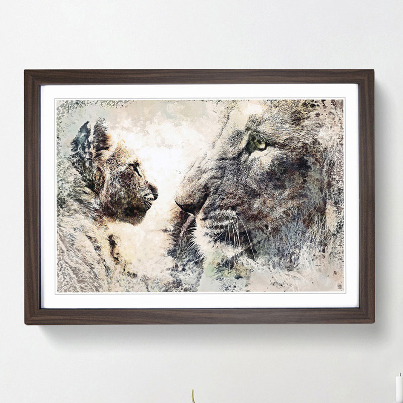 Lion Cub with Its Mother in Abstract - Picture Frame Painting Print, 36cm H x 48cm W x 2cm D, Walnut Framed