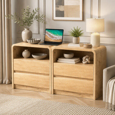 Modern Night Stand with Charging Station, 25" Tall Wood Nightstand Bedside Table with 2 Drawers & USB Ports, Mid-Century End Table for Bedroom (1, Nat