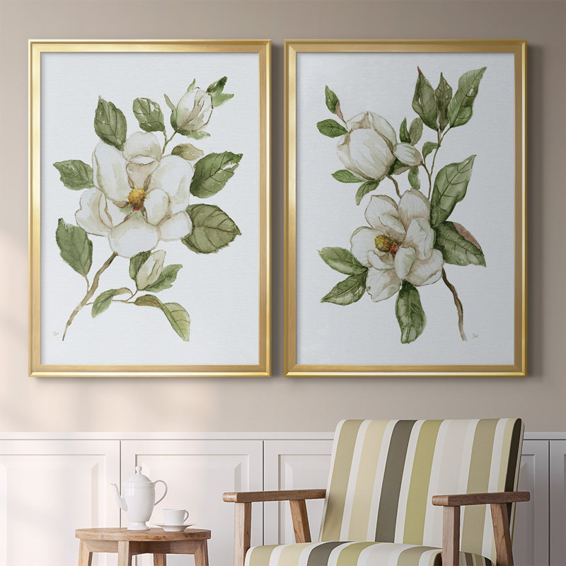 «Magnolia Morning I», toile encadrée de qualité supérieure - prête à être accrochée, Or, H 36,5 po x l 53 po x P 1,25 po