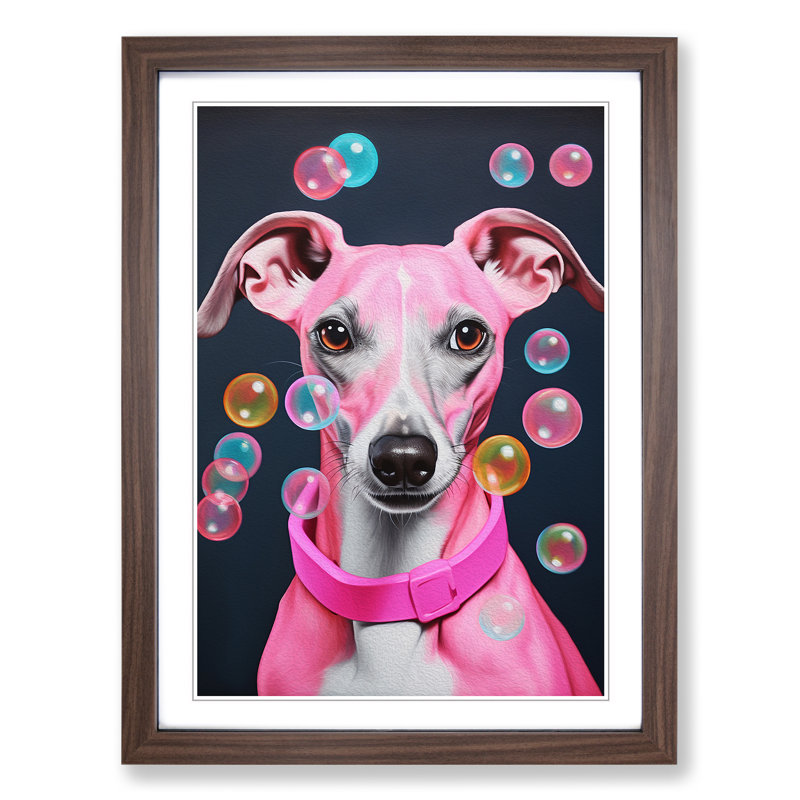 Whippet Bubble Gum Painting No.2 Framed Print, 64cm H x 46cm W x 2cm D, Walnut 