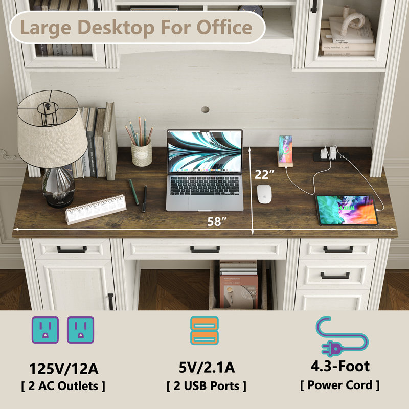Denanne 58'' W Computer Desk with Outlet and Hutch for Home Office, Brown