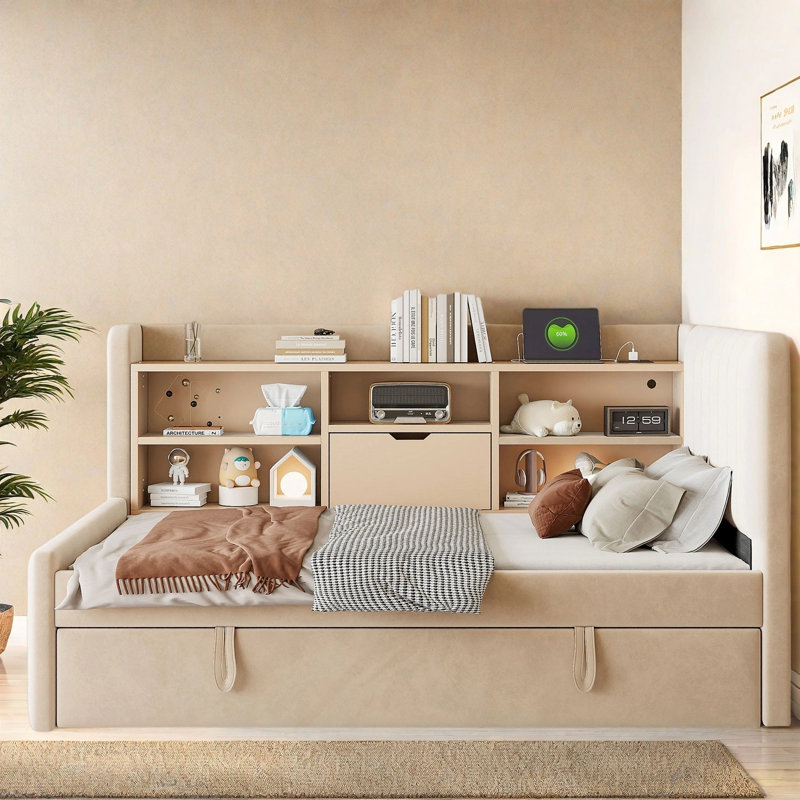 Lit de jour rembourré avec couchette et tablettes USB Luxurious Comfort, Beige